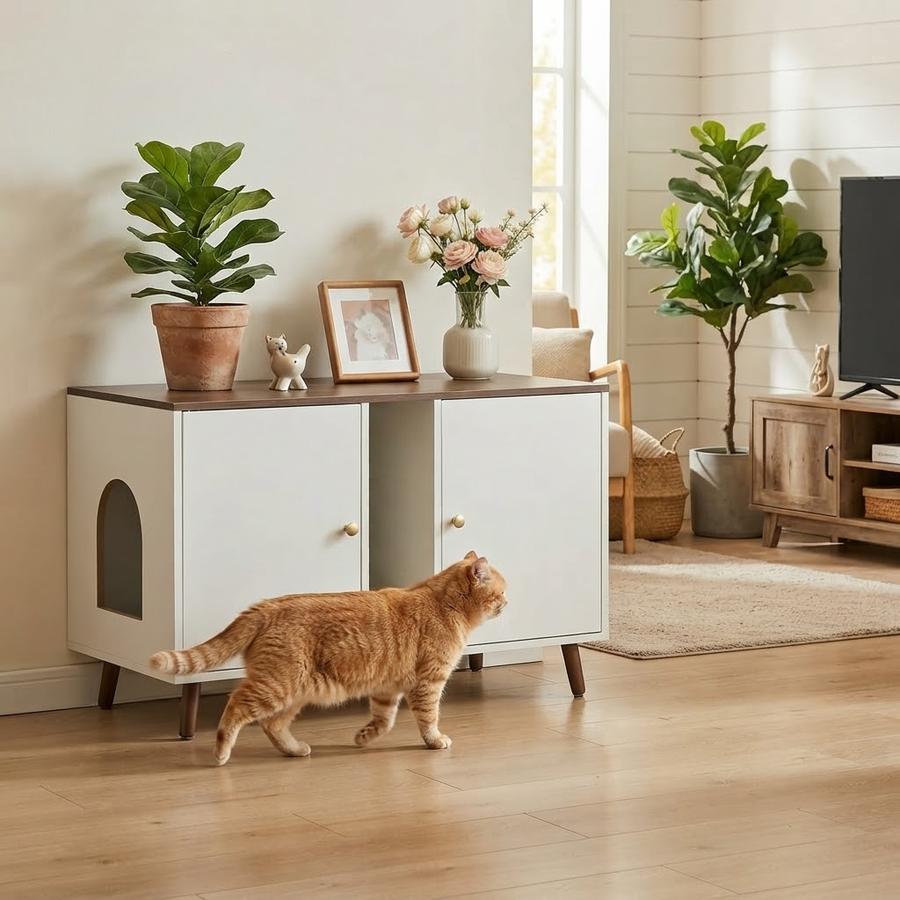 Double Cat Litter Box Enclosure with Scratching Pad
