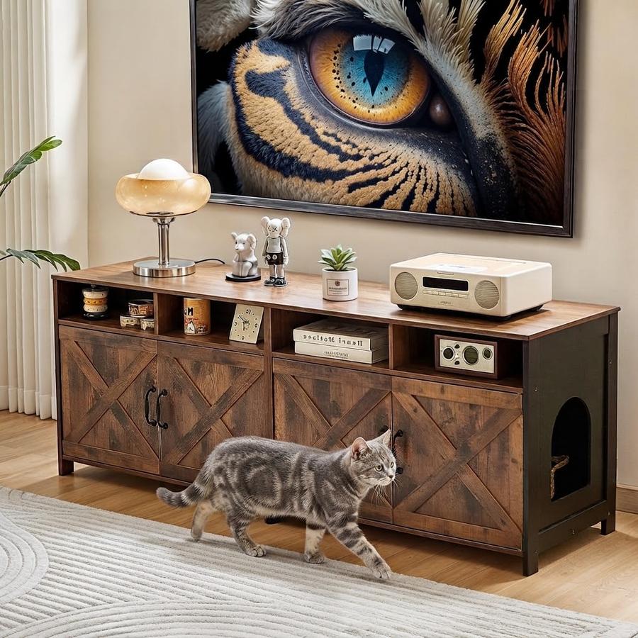 63-Inch Wooden Double Cat Litter Box Enclosure